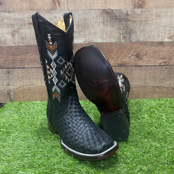 Women's Western Rodeo Cowgirl Black Square Toe Genuine Leather Handwoven Boots - Picture 8 of 8